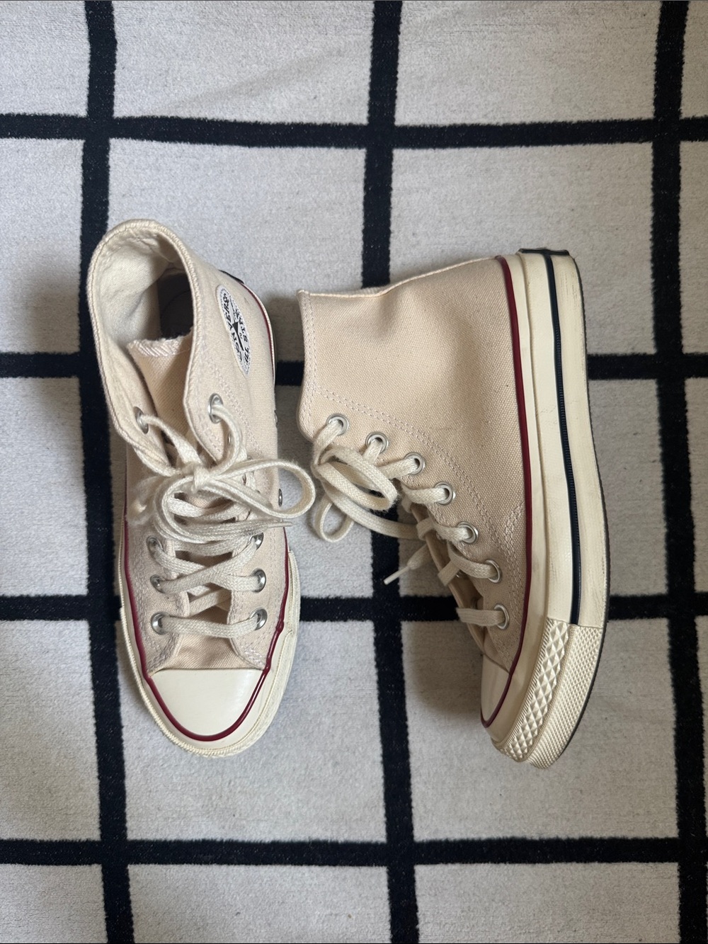 Converse Chuck 70 High Top Sneakers in Cream with Red and Blue Stripe size 3